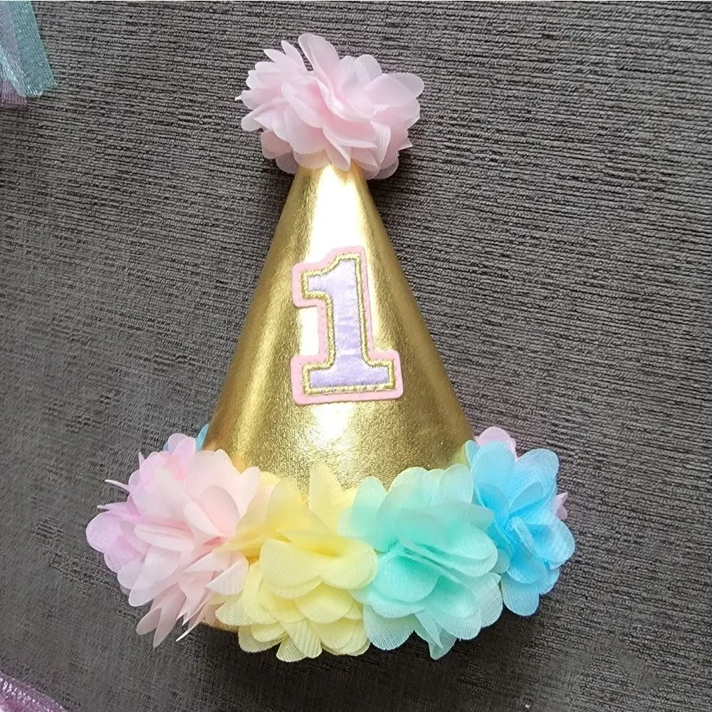Girls My 1st birthday 3pc  starter pack Hat pastel Bib high chair skirt…